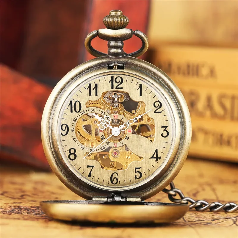 Antique Pocket Watch Green Crystal Flowers Men Women Hand Winding Mechanical Watches Skeleton Pendant Chain Clock Timepiece