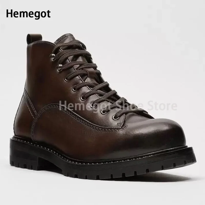 Dark Brown High Top Men's Shoes British Style Boots Autumn and Winter New Thermal Leather High Street Wind Motorcycle Ankle Boot