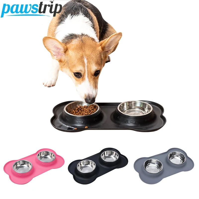 Cuenco doble antideslizante para perros con estera de silicona, alimentador de comida y agua duradero de acero inoxidable, cuencos para beber para perros y gatos