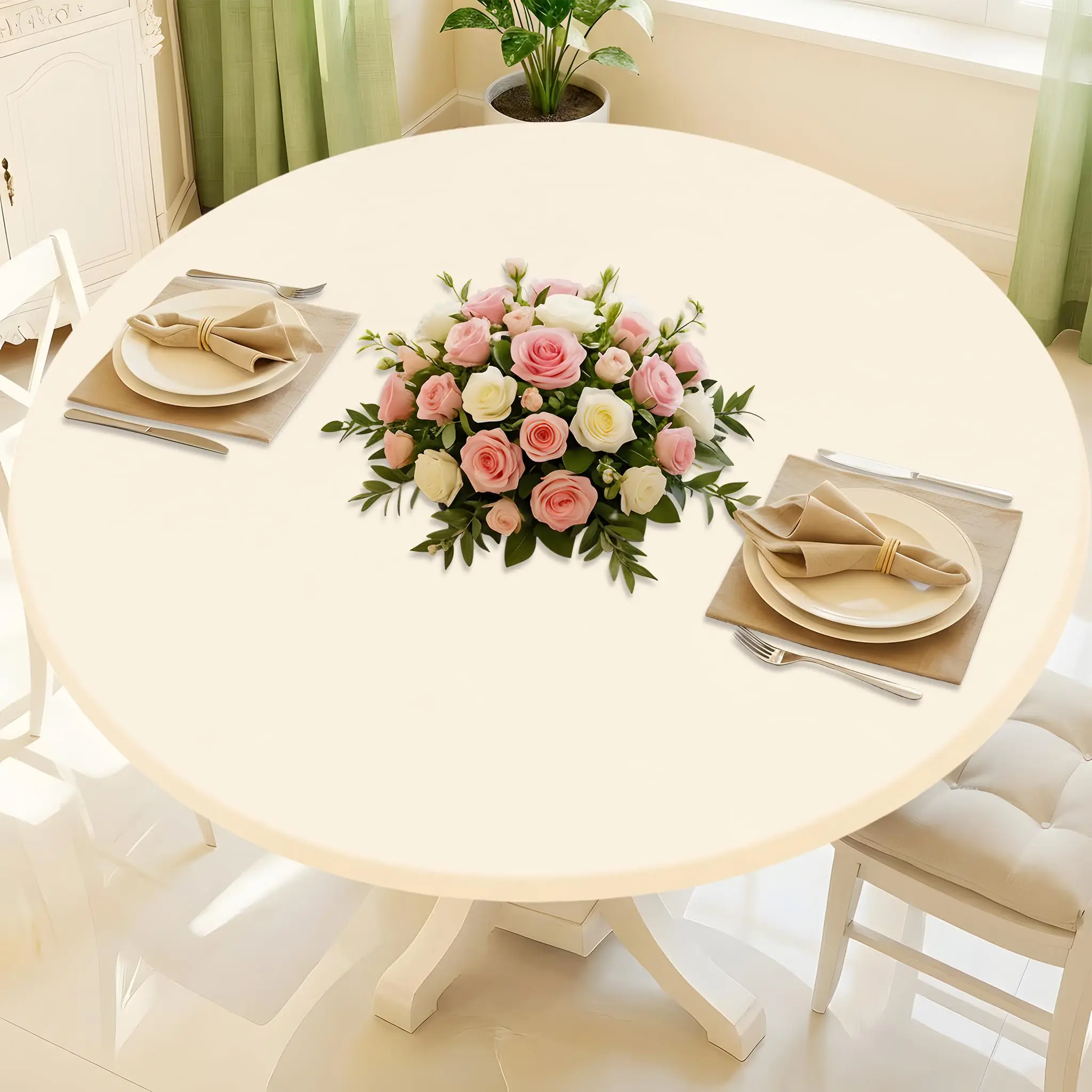 Round Stretch Tablecloth Elastic Polyester Washable White Table Cover Rectangle Waterproof Picnic Outdoor Party Wedding Decor image 3