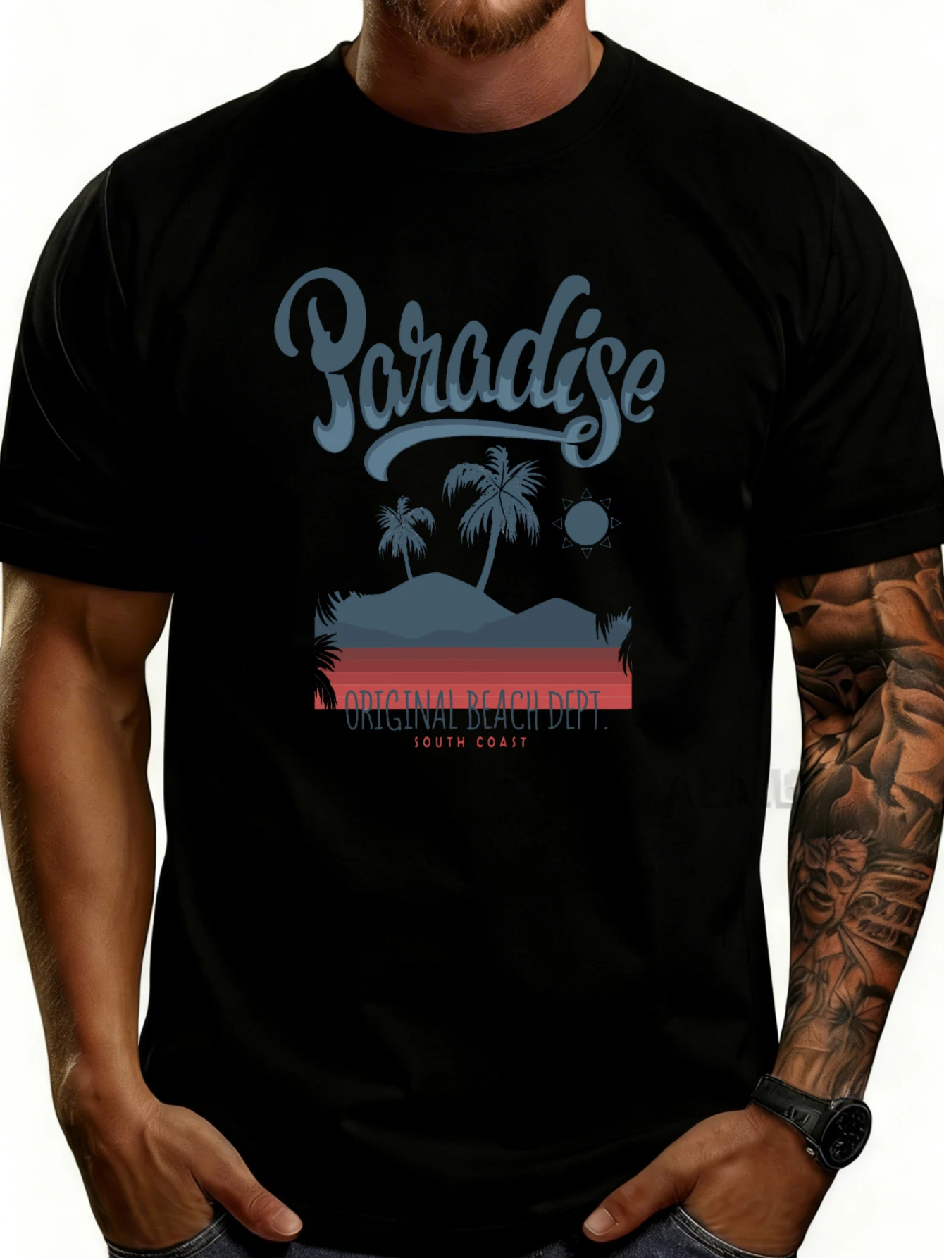 Casual Style Men's T-Shirt with a Paradise Beach Scene Featuring Palm Trees and Sunset Design, Perfect for Beach Enthusiasts and Travel Lovers, Ideal for Summer Wear, and Makes the Perfect Gift for Him.