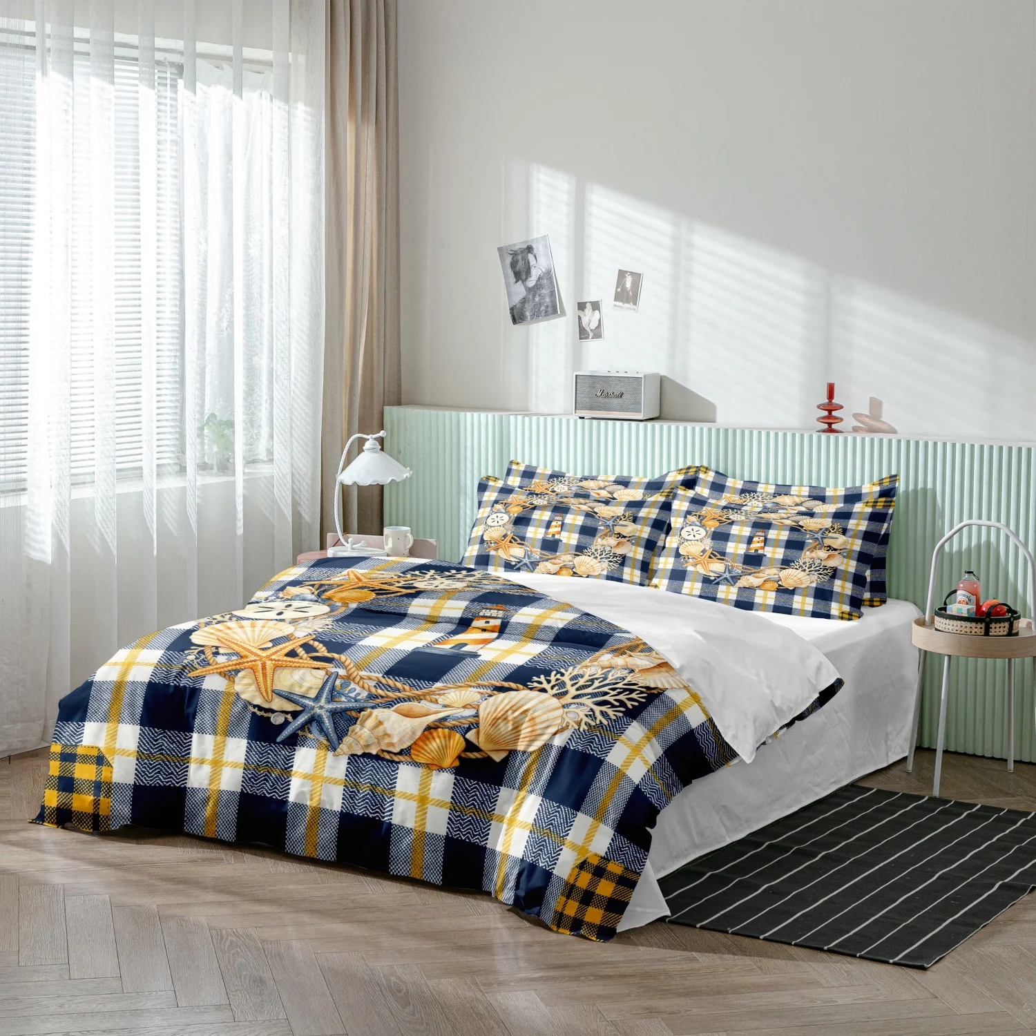 3Pcs Nautical Coastal Print Duvet Cover, Blue Plaid Lighthouse Seashell Starfish Beach Print Bedding, Multiple Sizes Available