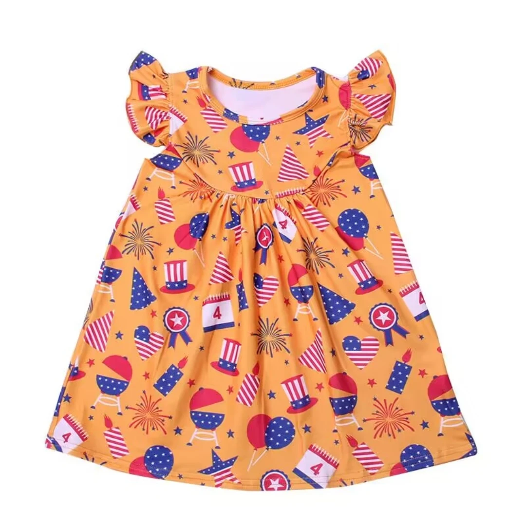 

4th of July Independence Day Dresses Summer Girls Kids Clothes Kids Boutique Clothing Milk Silk Wholesale