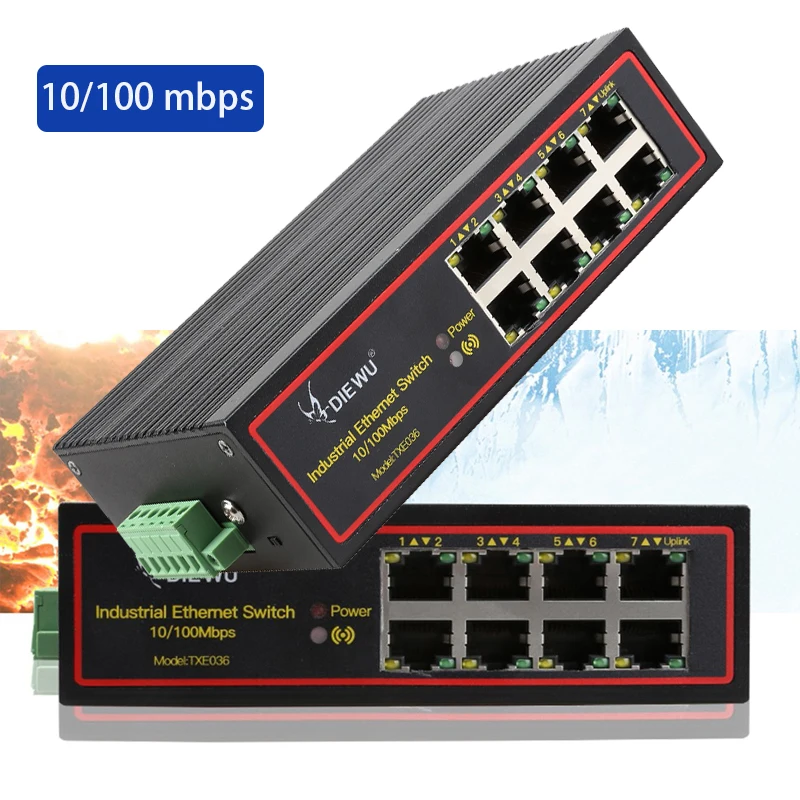 8-Port Industrial network switch RJ45 Hub DIN rail type DC 9~58V Game switch signal enhancement switch RJ45 switch 10/100Mbps