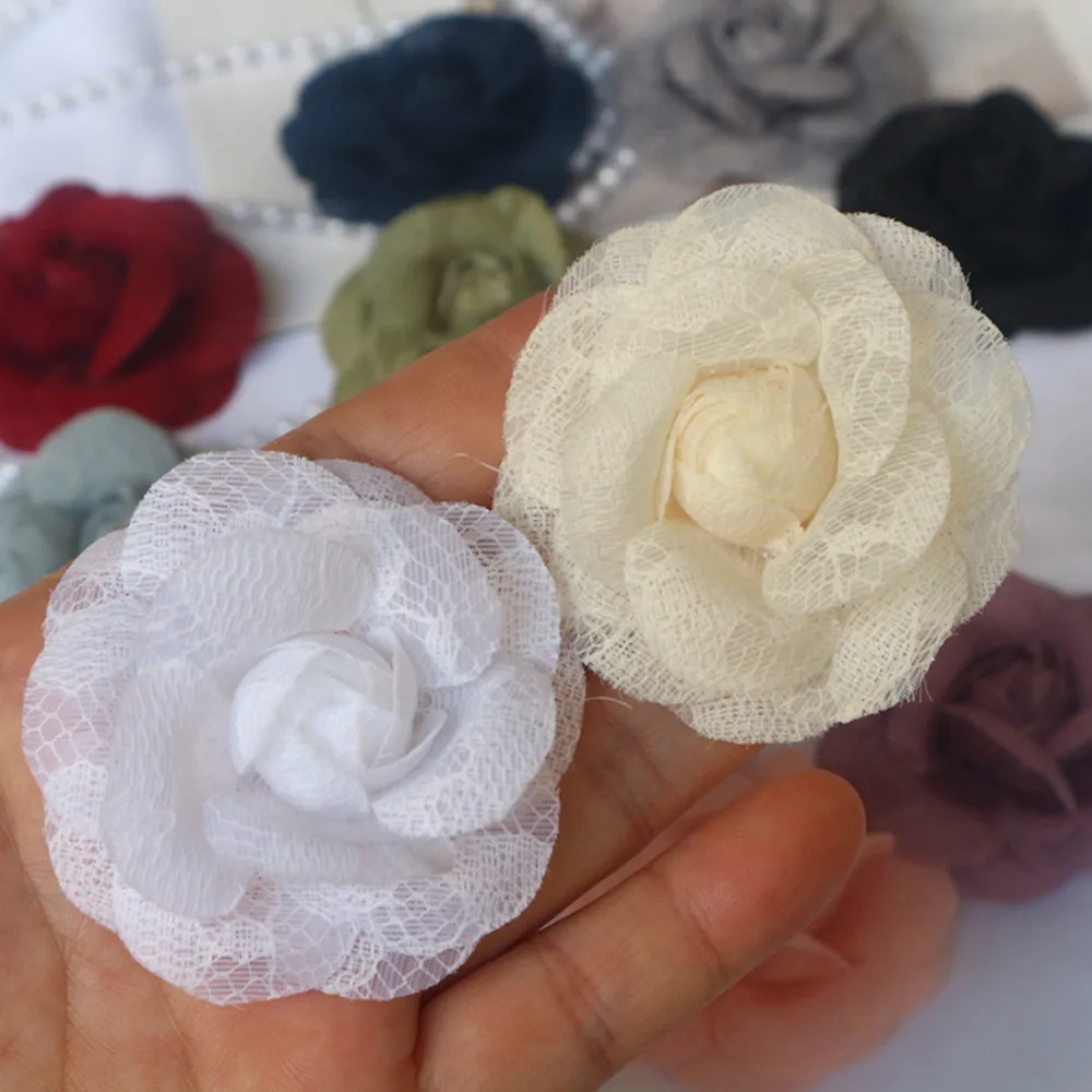 5PCS 5,5 CM Handgemachte Spitze Stoff Kamelie Rose Blume Kopfbedeckung Hut Kleid Kleidung Dekoration Haar Zubehör Brosche DIY material – Detail 9