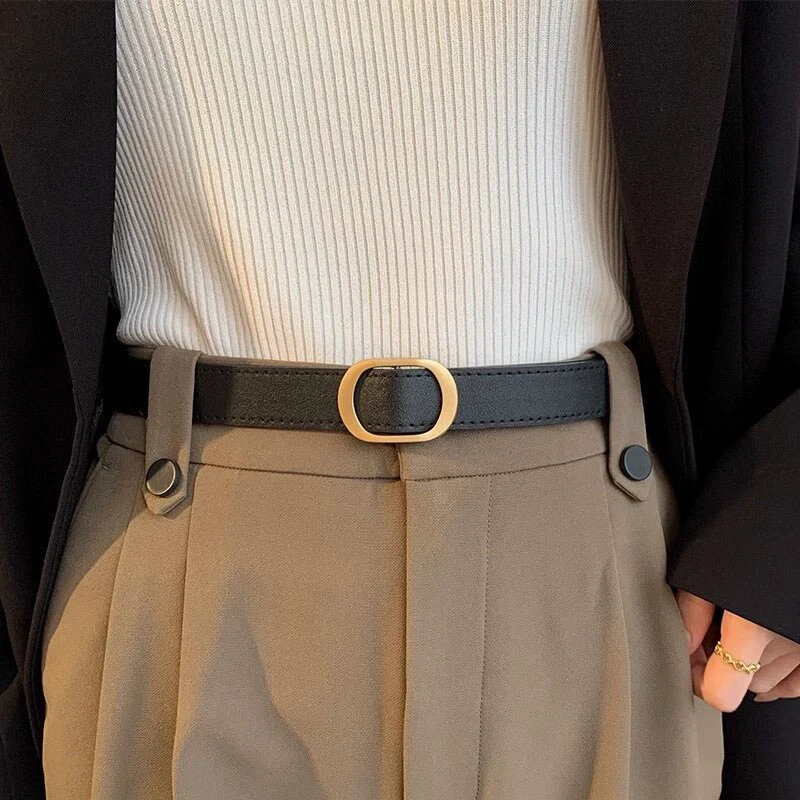 Cinturón de mujer con botón dorado a la moda, cinturón no perforado, cinturón de cuero PU versátil de ocio auténtico combinado con pantalones, cinturón vaquero