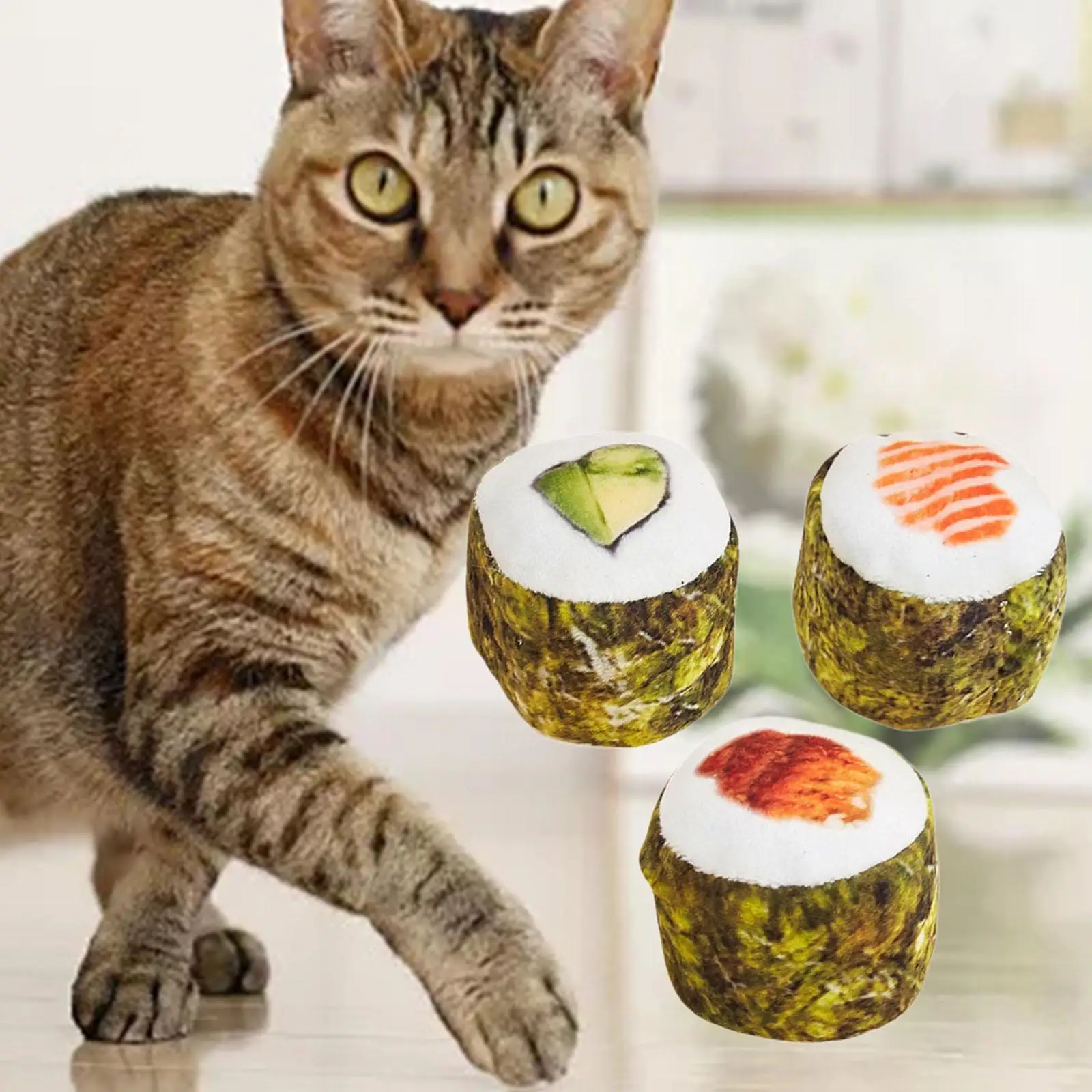 3x Sushi Cats Toys Plush Toys Realistic Kitten Toy Sniff Toys for Indoor Cats Boredom Relief Catnip Toys Sushi Roll Pillow