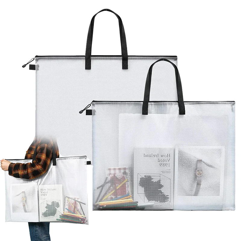 Clear PVC Mesh Zipper File Organizer Bag Large Capacity Folder Storage Poster Artwork For School Office Daily Use