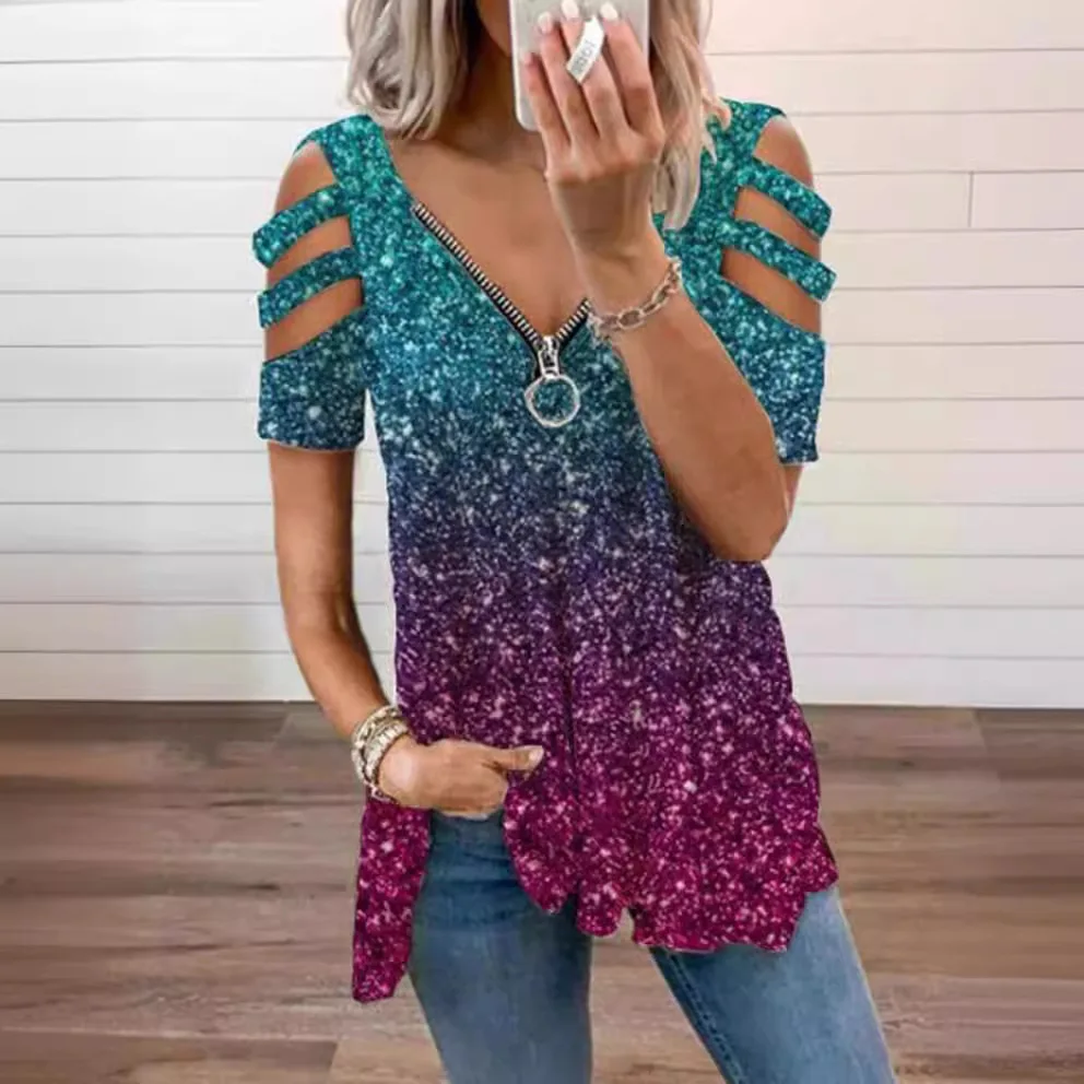 Damen-T-Shirt mit lockerer Passform, V-Ne, Reißverschluss, Kapuze, ausgehöhltes Design, Baumwoll-Polyester-Mischung, Sommer-Faion-Top