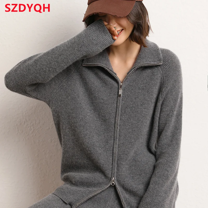 2023 Hot Sale 100% Cashmere Cardigan Women Coat Autumn Winter Warm Jacket Long Sleeve Soft Sweater Female Knitwear Outwear