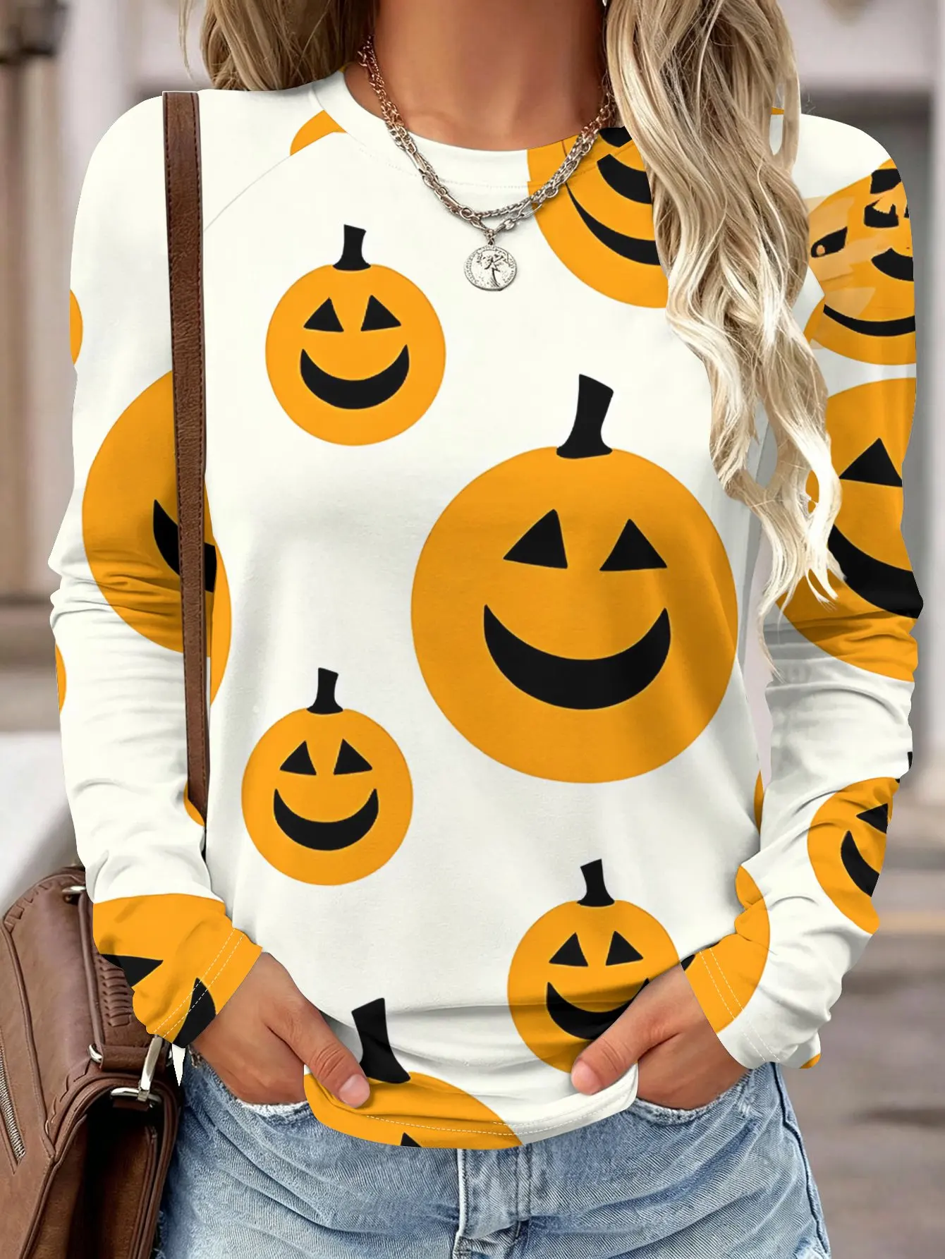Women Long Sleeve T-shirt Round Neck Halloween Black Cat Star Moon Print Casual Tops Autumn Fashion Daily Wear Women's Clothes view 3