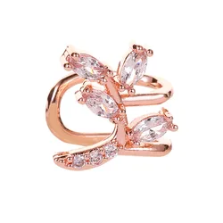Simple Tree Leaf Branch White Zircon Plant Rose Gold Silver Plated Copper Ear Cuff Clip Earrings for Women