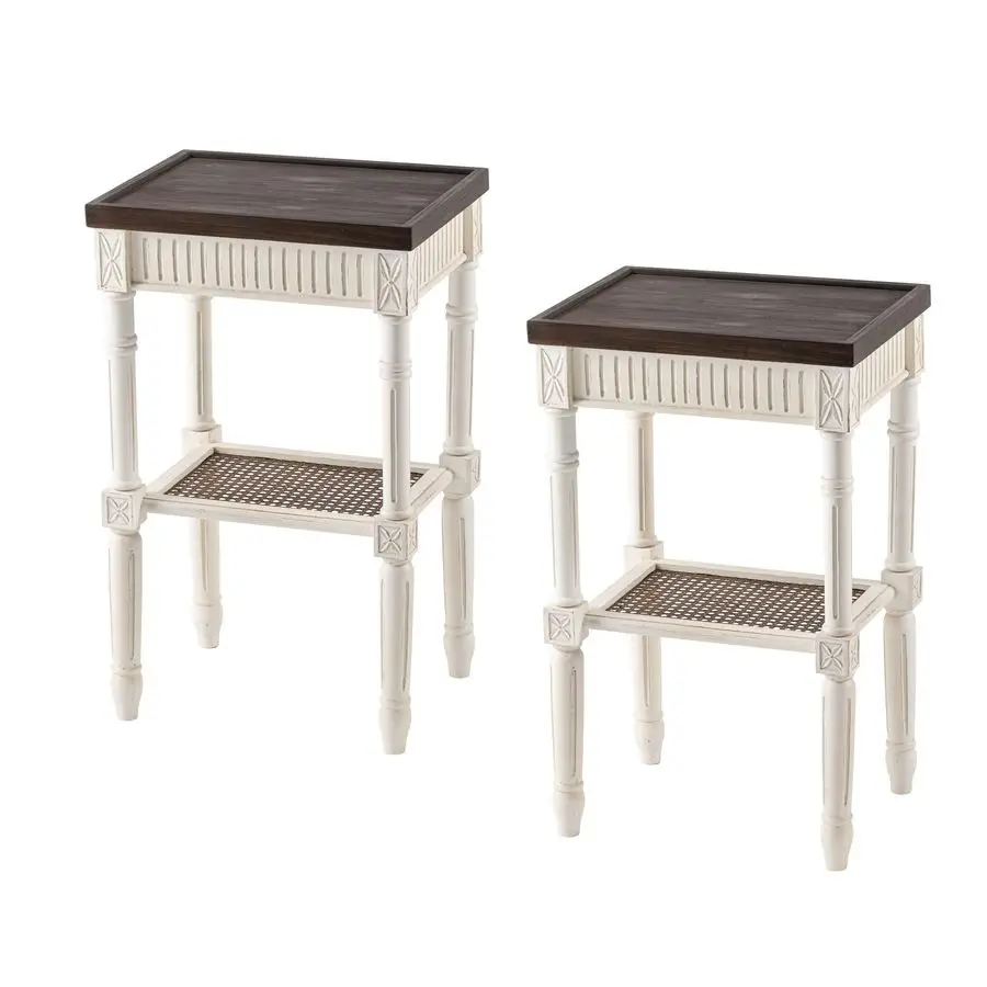 

Комплект из 2-х приставных столиков в стиле французского кантри с плетеной полкой, состаренный деревенский стиль, декор в стиле коттеджкор, бохо-декор.