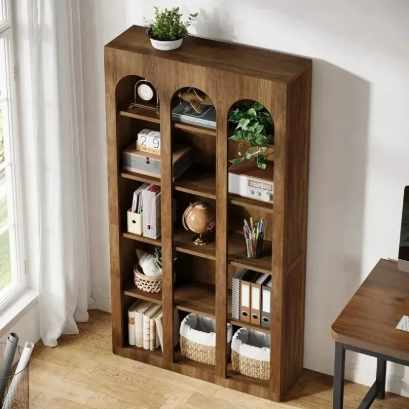 5-Tier Modern Wood Farmhouse Home Office Arched Top Design Tall Bookshelf Bookcase with Open Large Storage