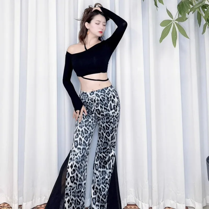 تخصيص فستان الرقص الشرقي Swegal ممارسة الزي مع قبالة الكتف هوك إصبع أعلى ليوبارد طباعة السراويل ملابس الرقص الشرقي