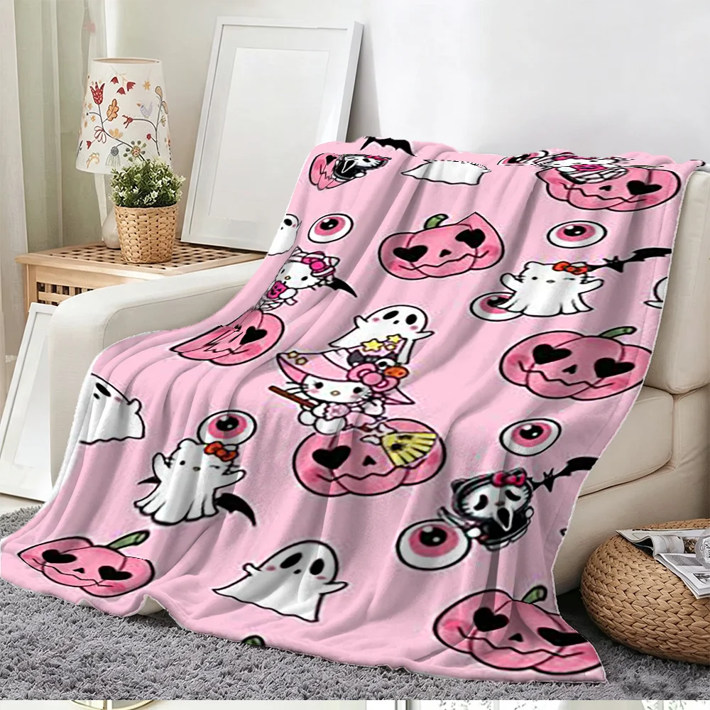 Soft Flannel Fleece Throw Blanket Pink Halloween Pumpkin Ghost Eyeball Cute Cat Print Cozy Bed Sofa Cover for Kids Adults