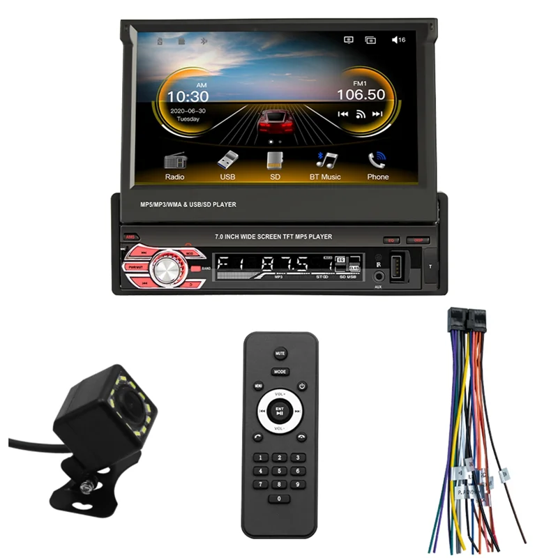 7 Inch Manual Flip Car Stereo,Carplay Android Auto,Single Din HD Touchscreen Radio,FM Bluetooth Mirror Link Rear Camera