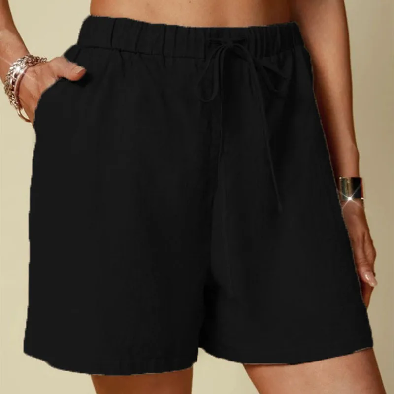 กางเกงขาสั้นผ้าฝ้ายและผ้าลินินสีพื้นทรงหลวมสบายเอวยางยืดผูกเชือกสำหรับผู้หญิงรุ่นใหม่ประจำฤดูร้อน