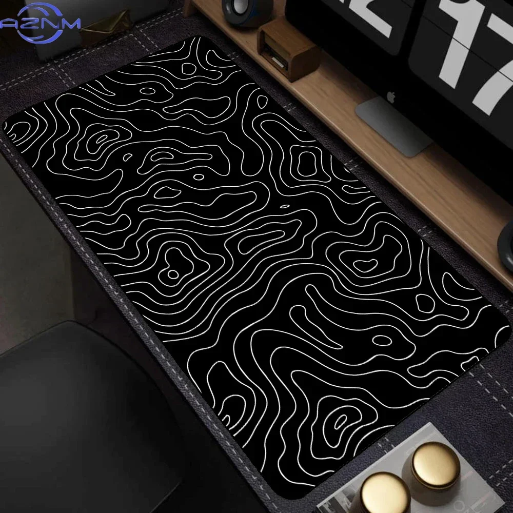 Black White Contour Topographic Mousepad Rubber Non-Slip Large Desk Mat Minimalist Line Art Keyboard Pad for Gaming Office