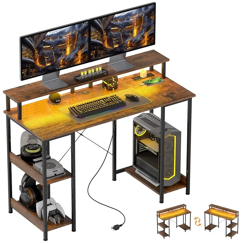 

47"" Gaming Desk With Power Outlets And Led Lights, Reversible Computer Desk With Monitor Stand And 2-Tier Storage Shelves,