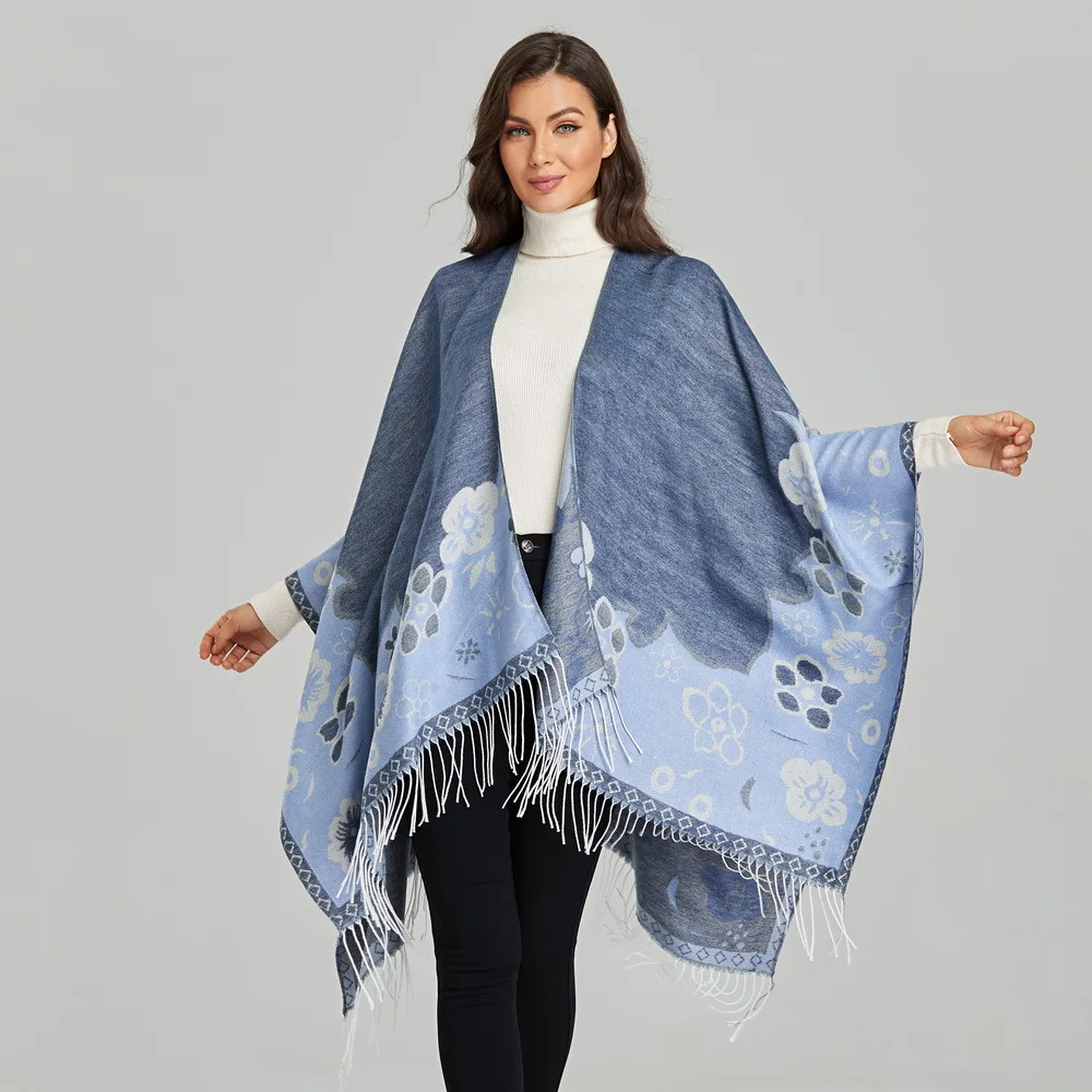 

2022 Autumn Winter New Women Cape Tassel Floret Fashion Increased Warmth Split Cape Imitation Cashmere Ponchos