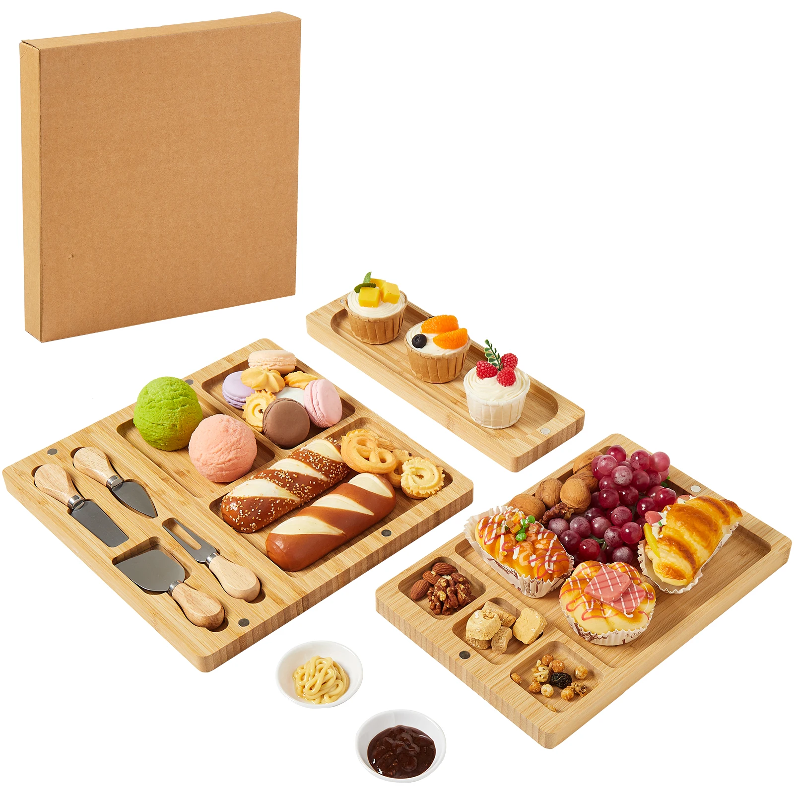 3‑In‑1 Bamboo Charcuterie Boards Set, Magnetic Splice Cheese Board with Knives and Ceramic Bowls, Large Fruit Platter for Party Picnic