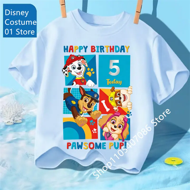Cute Summer T Shirt for Boys Girls Cartoon Paw Patrol Chase Birthday Number Tee Shirt Printed Clothes Anime Tops Gifts