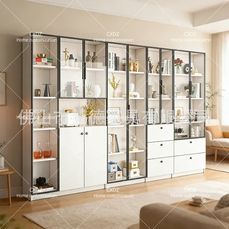 Custom Glass Door Bookcase Display Cabinet Integrated Whole Wall Floor Storage Unit for Living Room Home Dustproof Shelving