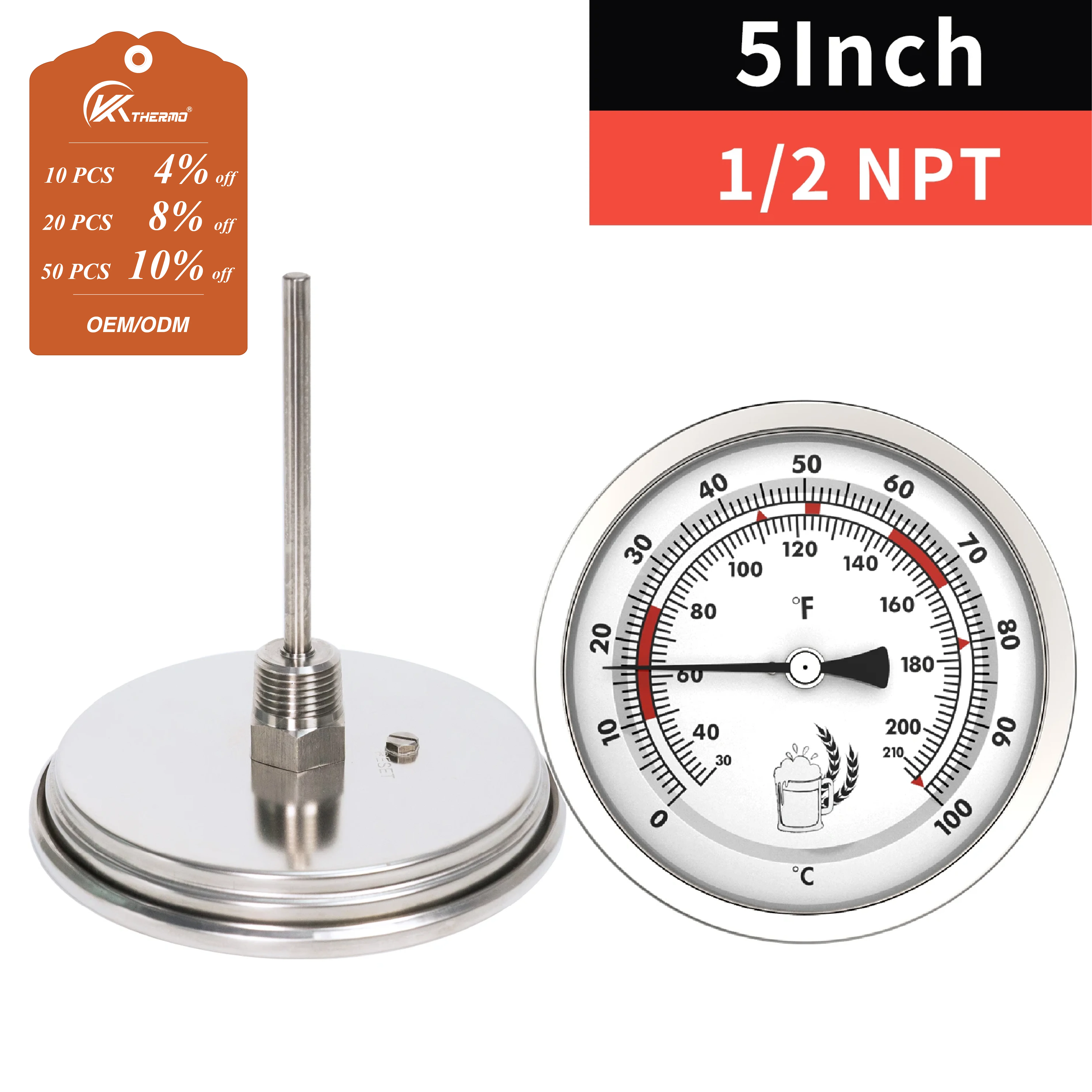 5 Inch Stainless Steel Brewing Thermometer 0-100°C for Home Winemaking & Beer Fermentation – 1/2 NPT Threaded