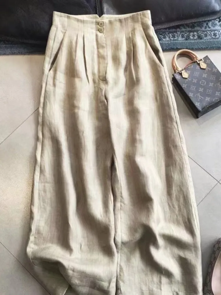 กางเกงขายาวเอวสูงทรงขากว้างสำหรับผู้หญิง กางเกงลำลองผ้าลินินสำหรับฤดูร้อน ทรงตรงยาวคลุมเท้า สวมใส่สบาย ทรงหลวม