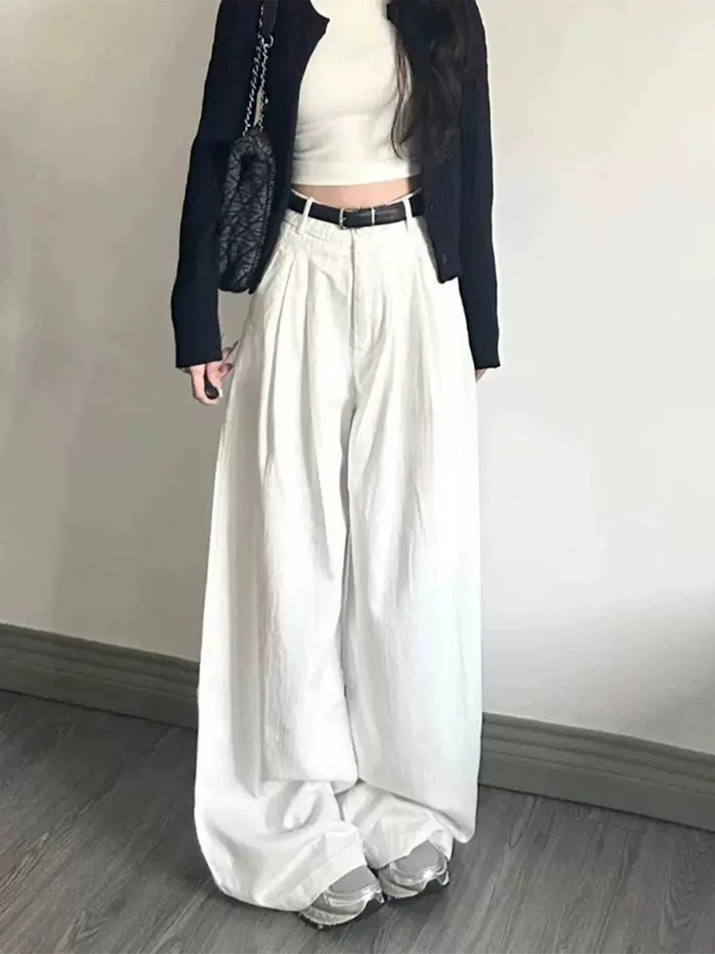 Early Autumn American Retro White Wide Leg Jeans Women's Loose Hip Covering Slimming Drape Straight Long Pants