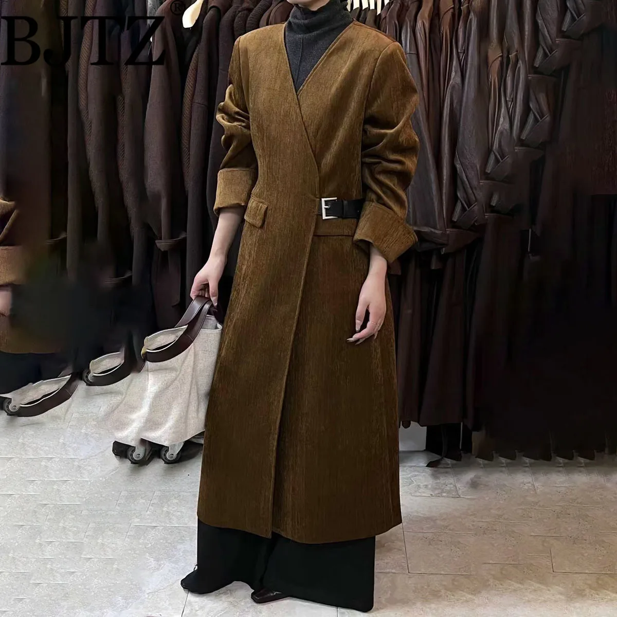 

BJTZ модный элегантный Тренч с поясом и завязкой на талии для женщин, весна-осень 202, новый тренд, свободная ветровка средней длины, пальто