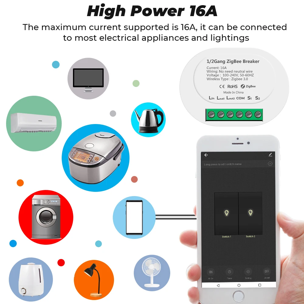 1/2 Gang 16A No Neutral Wire ZigBee Tuya Smart Light Switch Mini Module Mini Breaker 2 Way Control For Alexa Google Home