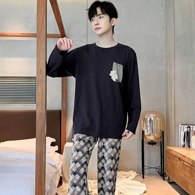 Men's Sleepwear Fashion Printing Home Suit Full Cotton Pyjamas For Man Spring Autumn New Mens 2 Pcs Round Neck Pajamas Set L-3XL