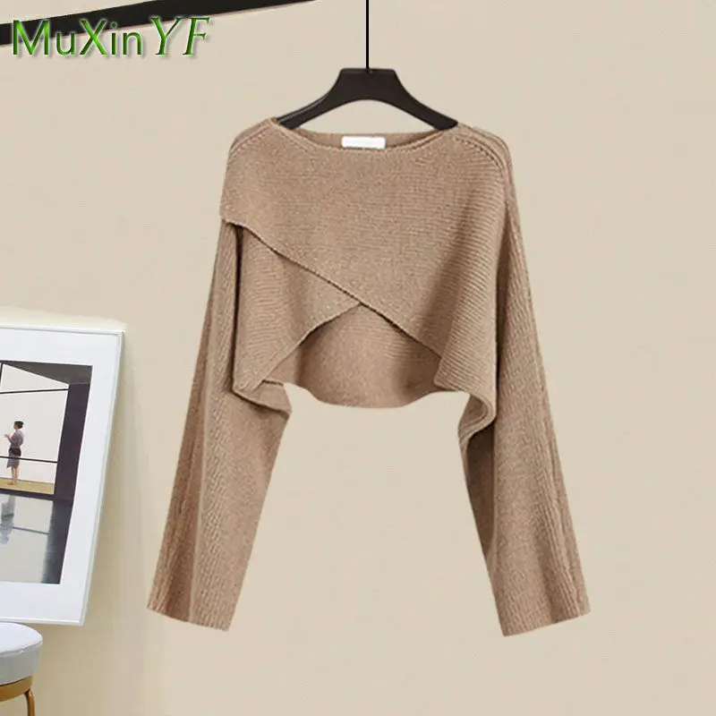 Women\'s Autumn Winter Short Knitted Sweater+Denim Strap Dress Two Piece Suit Korean Elegant O-Neck Pullover Skirt Matching Set