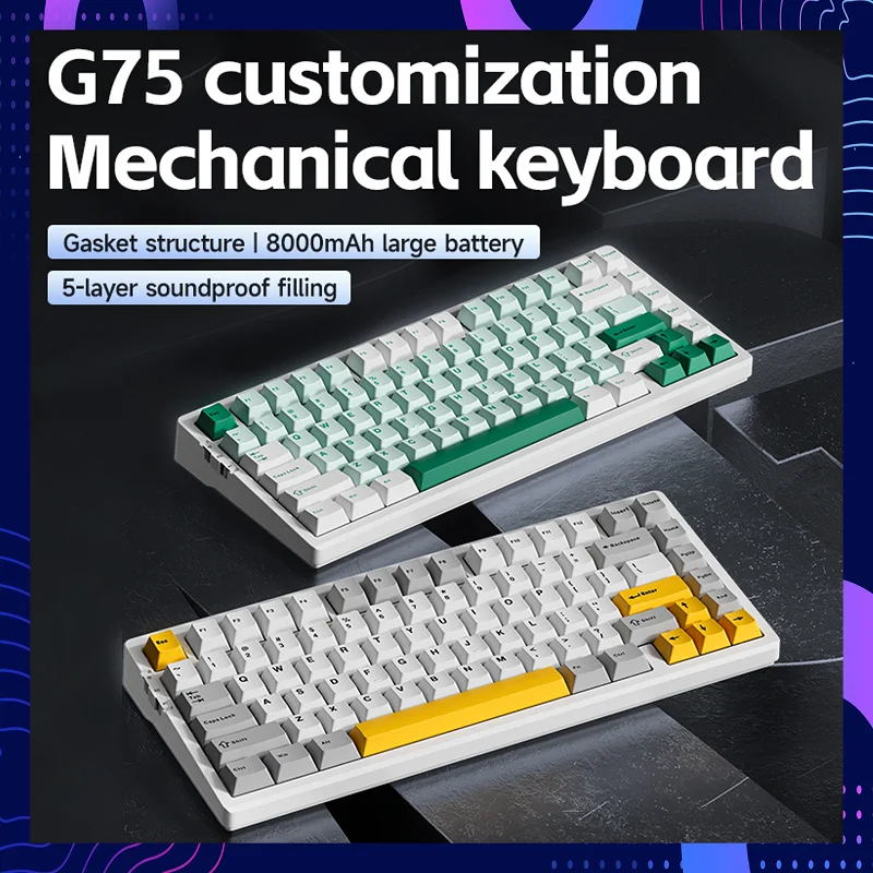 

Механическая клавиатура MCHOSE G75Pro, 3 режима, горячая замена, эргономичная, прокладка, клавиша, беспроводная киберспортивная клавиатура с горячей заменой