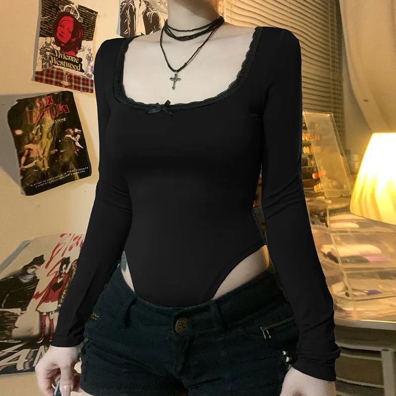 

Zeyla Women's 2025 Lace Trim Bodysuit Long Sleeve Solid Slim Fit Bow Detail Sexy Y2K Basic Layering T-Shirt Casual Outfit