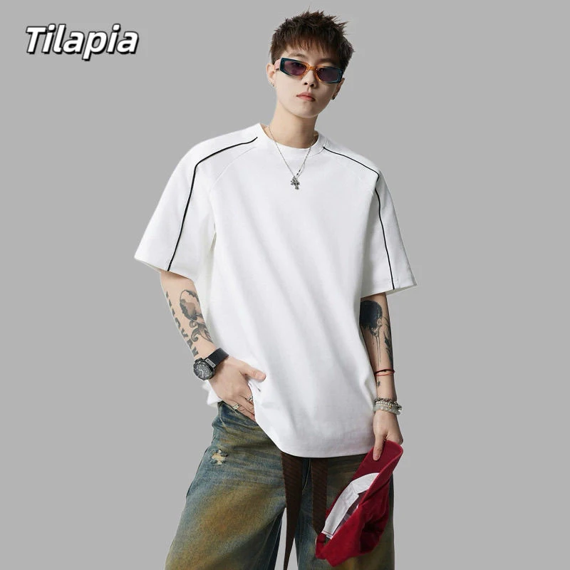 

Summer Striped Spliced Men O Neck Short Sleeve T Shirts Vintage Fashion Simple All-match Loose Tops Highstreet Black White Khaki