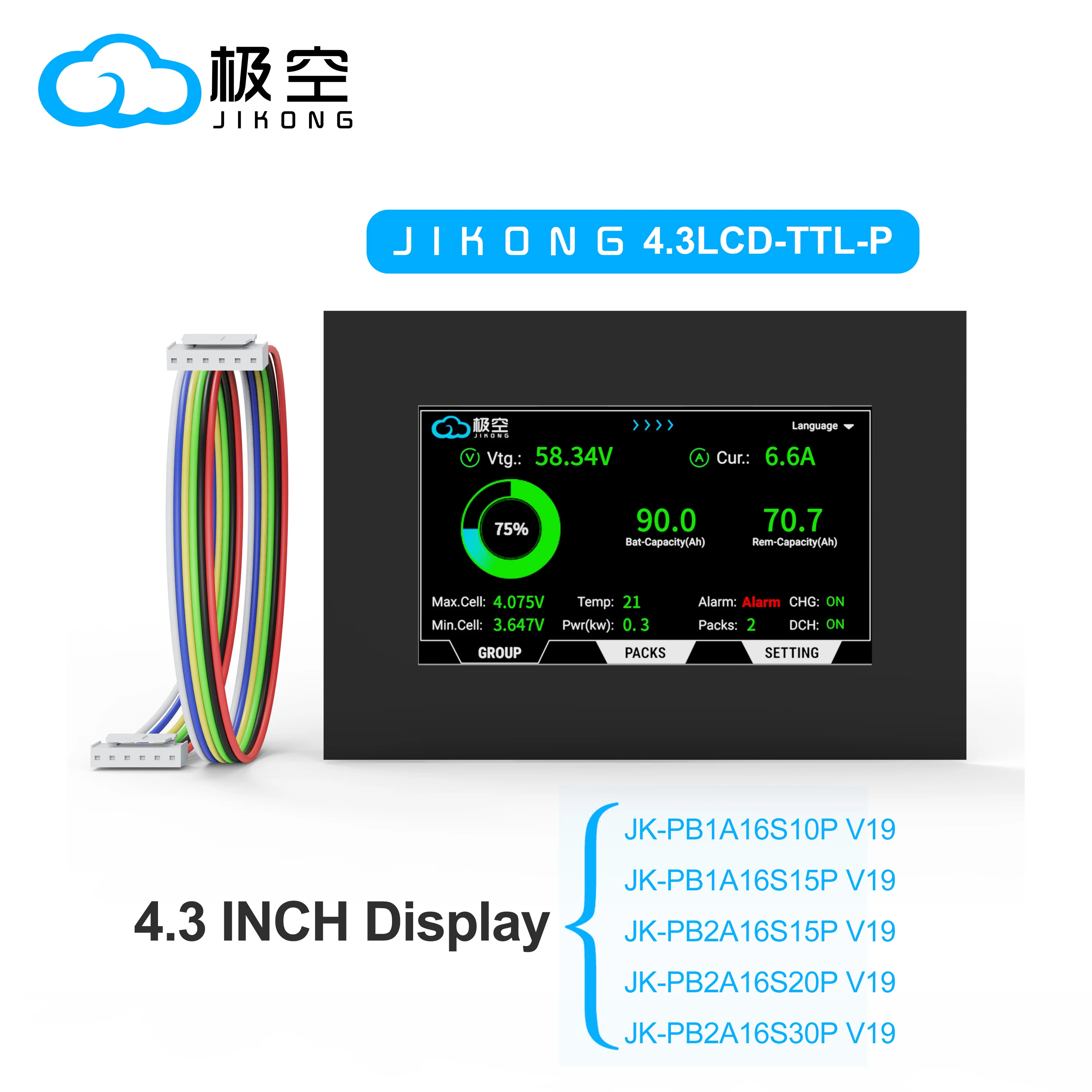 

JKONG JK BMS 4.3 Inch Screen Display for V19 PB1A16S10P PB1A16S15P PB2A16S15P PB2A16S20P Communication Set Multilingual Setting