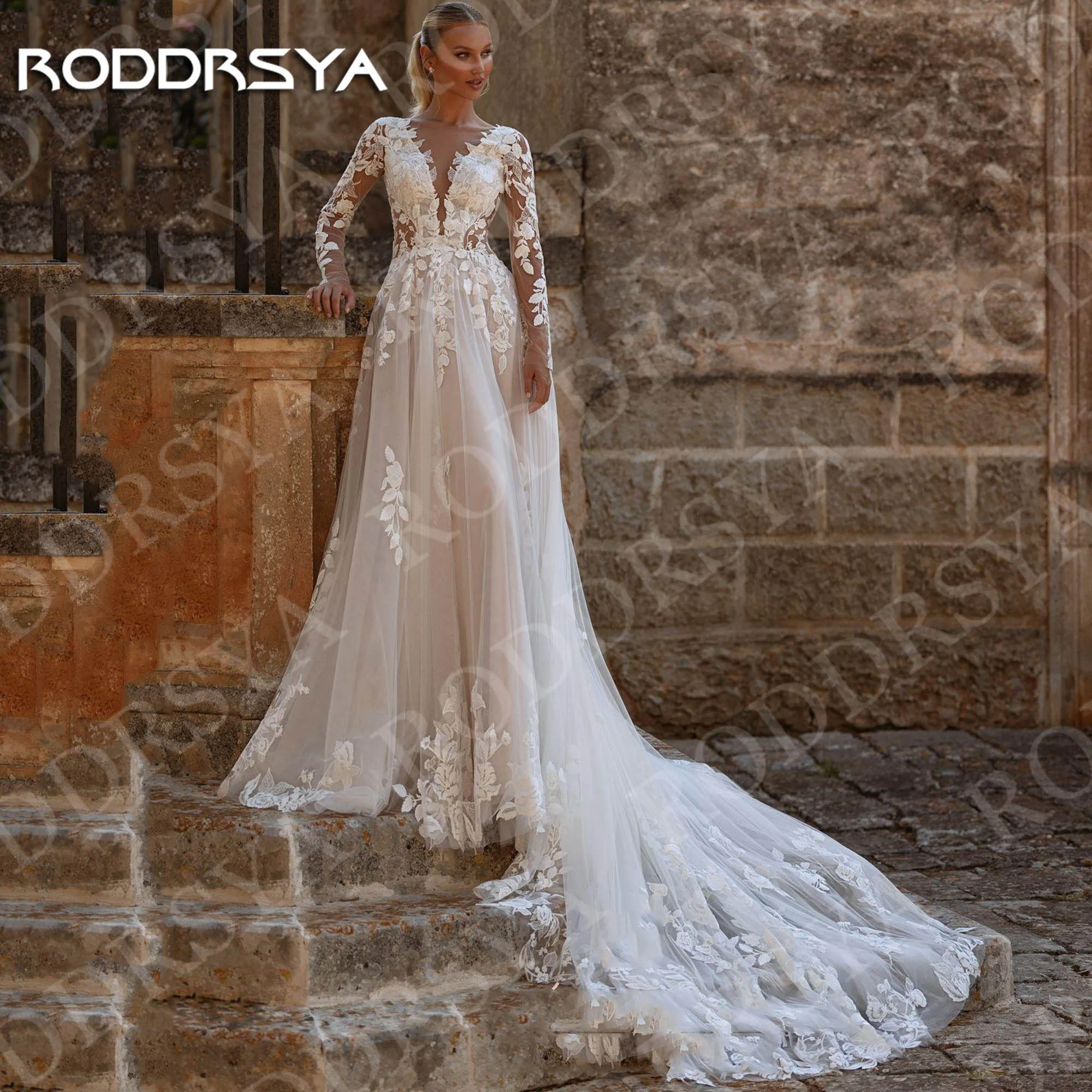 

RODDRSYA Glamorous Wedding Dresses Vintage Bridal Gowns Lace Appliques Long Sleeves Boho Bride Dress Customized robe de mariée