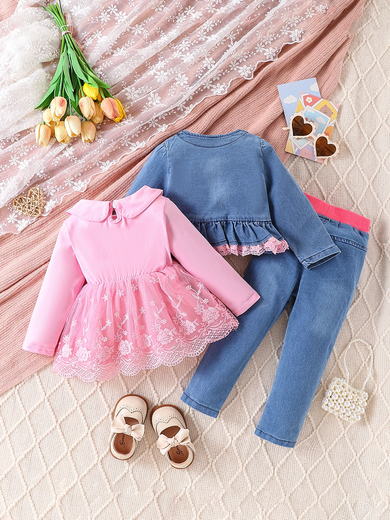 Girls' Sweet Princess Style Denim Set with Embroidered Flowers Puffy Skirt And Overalls Elastic Design for Charming Outfits