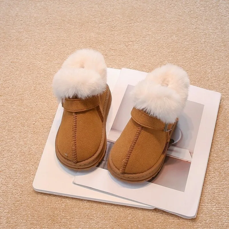 Children's furry mouth snow boots 2024 popular mid size boys and girls with plush warm bread shoes soft soled cotton boots