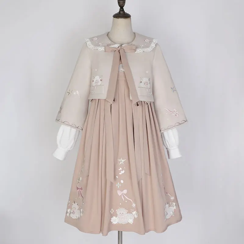 

MAGOGO Kawaii Sweet Three Pieces Sets Women Japanese Cute Sheep Embroidery Lolita Pink Strap Dress and Long Sleeve Small Coat
