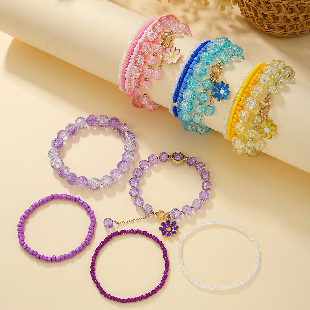 5Pc/s Simple and Sweet Girly Feeling Boudoir Hand Decorated Rice Beads Crystal Small Daisy Fringe Elastic Bracelet Jewelry Set