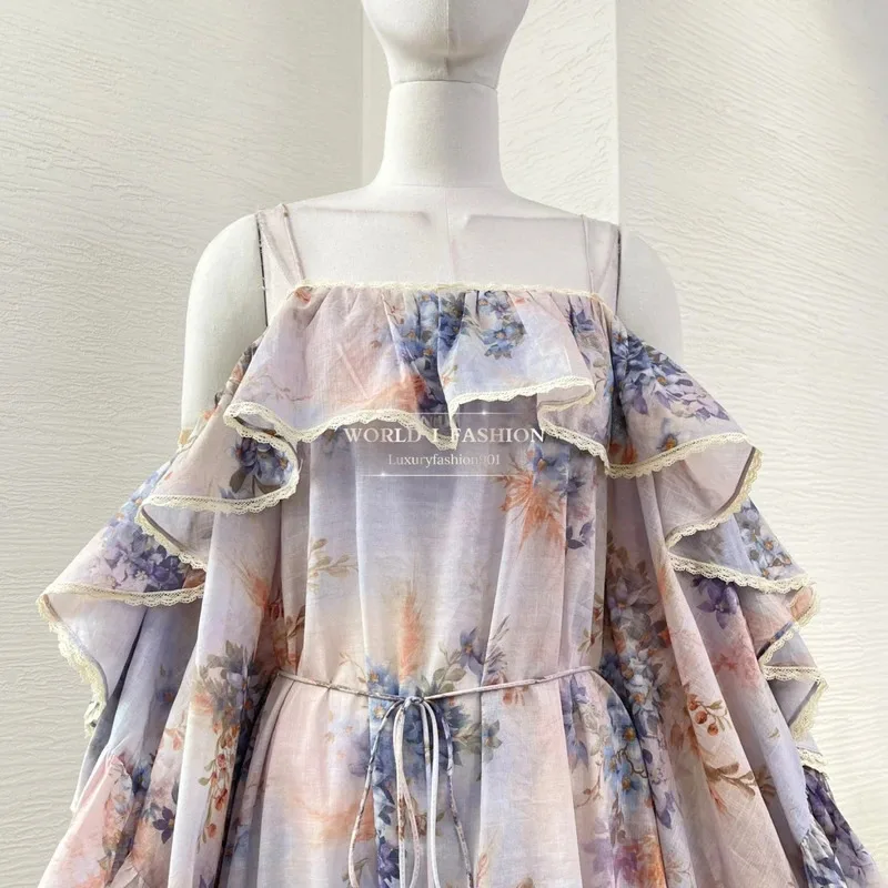 Violet Purple Petal Sleeves Floral Print Long Sleeve Ruffles Frilled Off The Shoulder Mini Dress