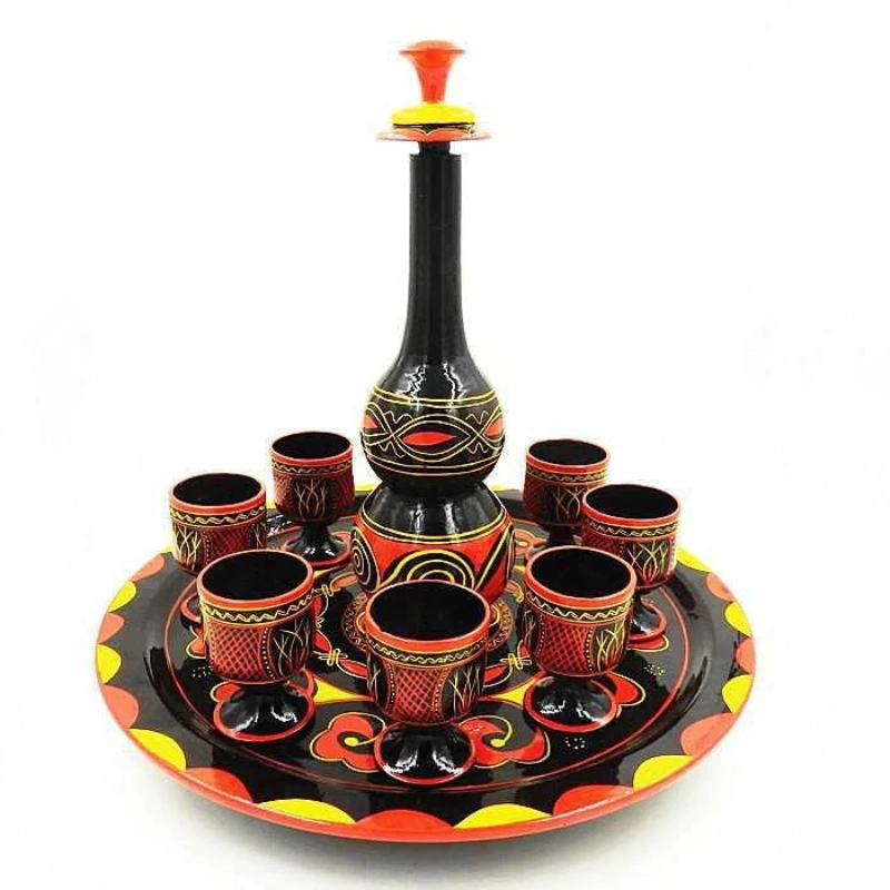 ethnic minorities characteristic painted handicrafts Yi solid wood lacquer hand-painted gourd wine set, tableware