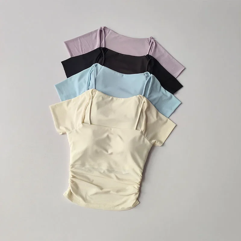 Summer New Women's Fake Two-Piece Yoga Dress Mesh Sports Fitness Top with Fixed Chest Cushion Short Sleeve for Running
