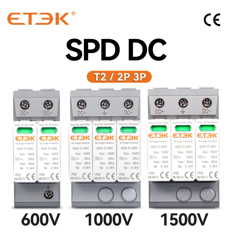 ETEK DC SPD House Surge Protective Device 2P 3P 600V 1000V 1500V Type PV 20-40KA Protector Arrester Low-voltage Protection EKU5