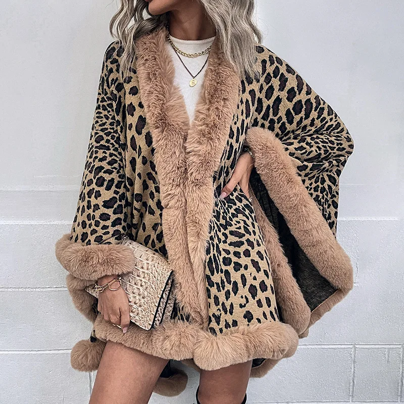 Women's Leopard Print Faux Fur Collar Cape - 2023 Knit Cardigan Shawl | Euro Us Autumn Winter Warm Outerwear