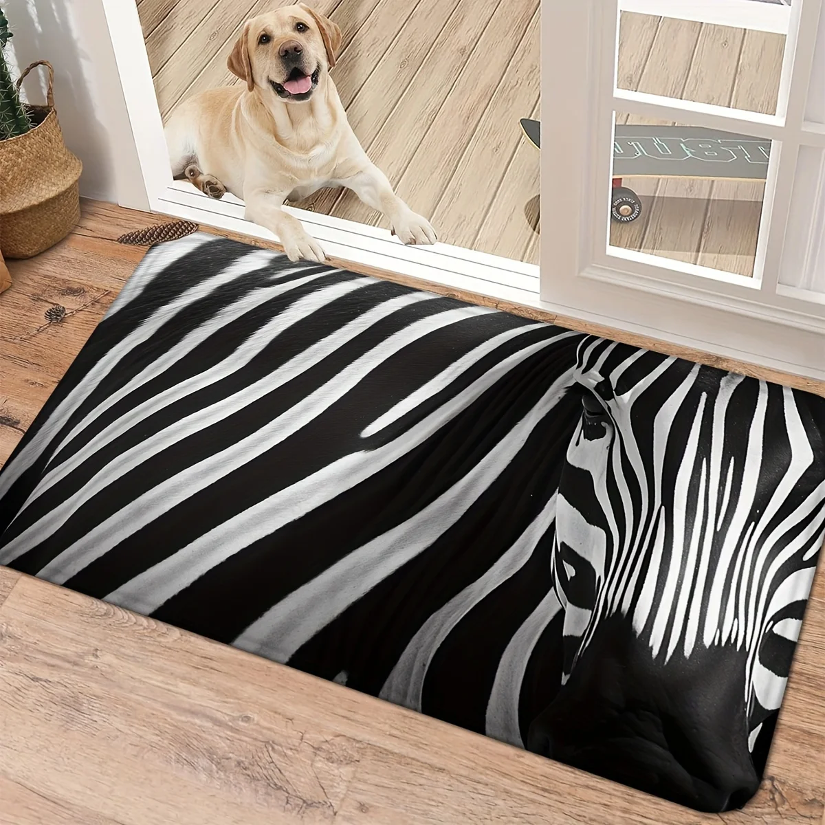 Realistic Zebra Print Doormat Black White Striped Background Printed Polyester Machine Washable Entrance Floor Mat